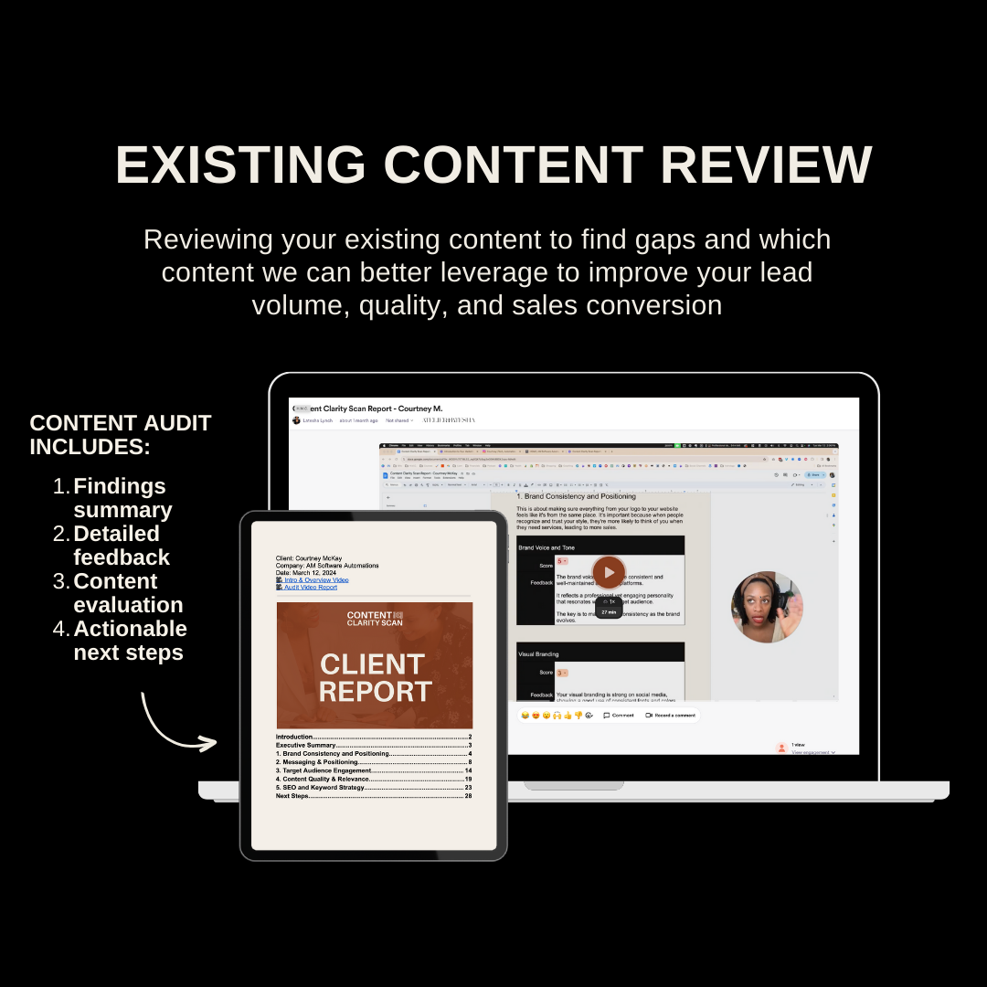 Once booked, you’ll share your primary marketing content platforms with me. I’ll review it for revenue opportunities, lead gaps, and best content to magnify.